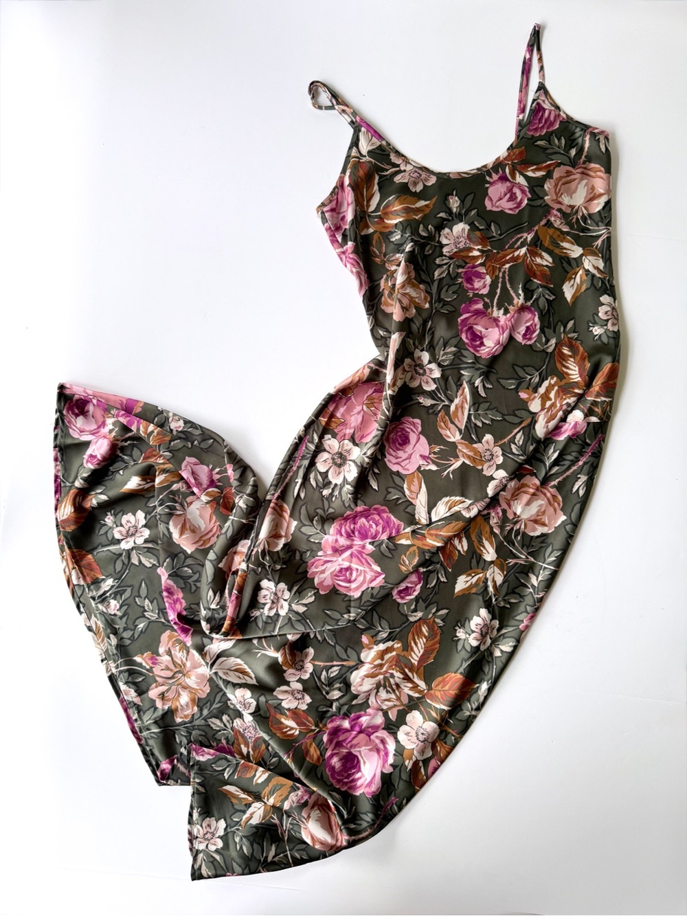 Joie Green Floral Satin Soaghetti Strap Slip Dress w Pink Rose Print S
